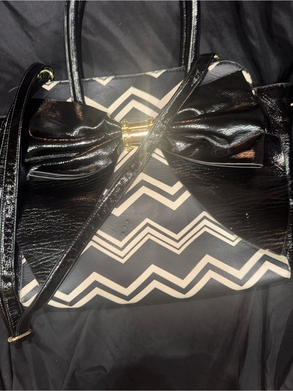The Betsey Johnson Black and White Chevron Bow Satchel